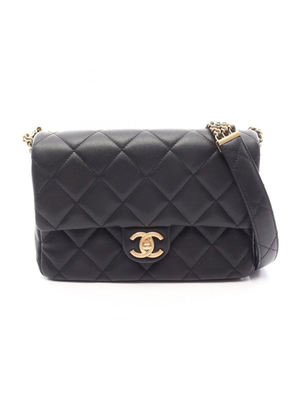 Chanel Shoulder Bag Quilted Black Caviar Leather Flap Chain